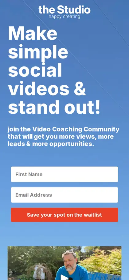 The current brandvideo.pro homepage on a phone: the Studio logo, ‘Make simple social videos & stand out!’ and a waitlist form over a blue sky.